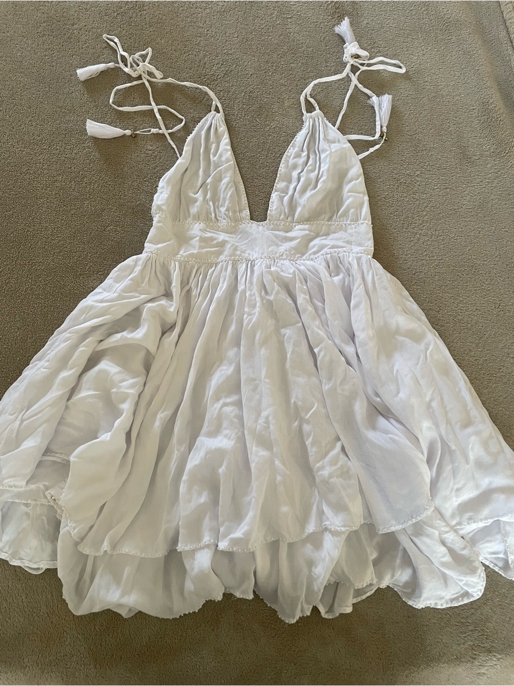 Tiare Hawaii White Backless Flowy Tiered Sundress with Tie Straps